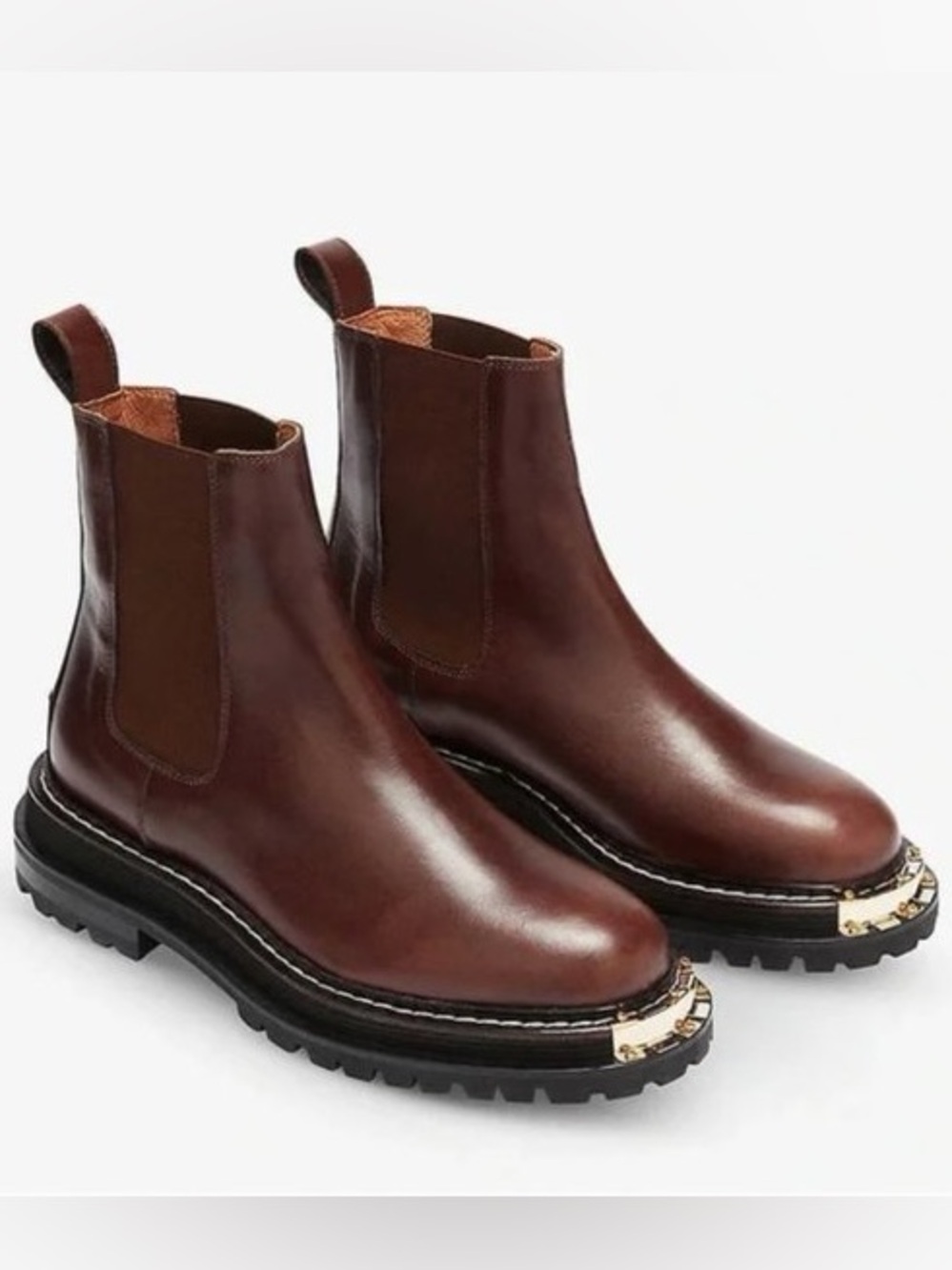 Sandro Noha Chelsea Boot Brown Leather Gold Metal Toe Chunky Lug Sole 38 US 8